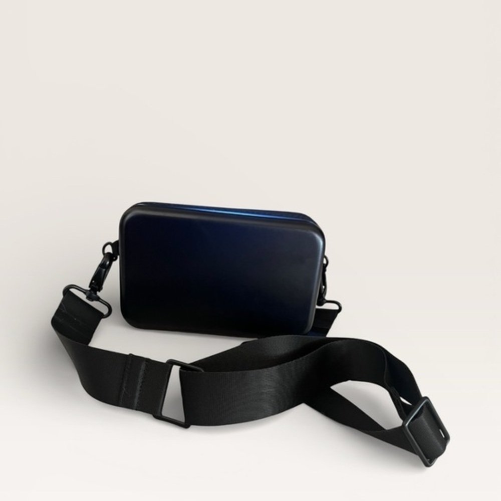 Black Structured Hard Shell Crossbody Bag Minimalist Adjustable Strap